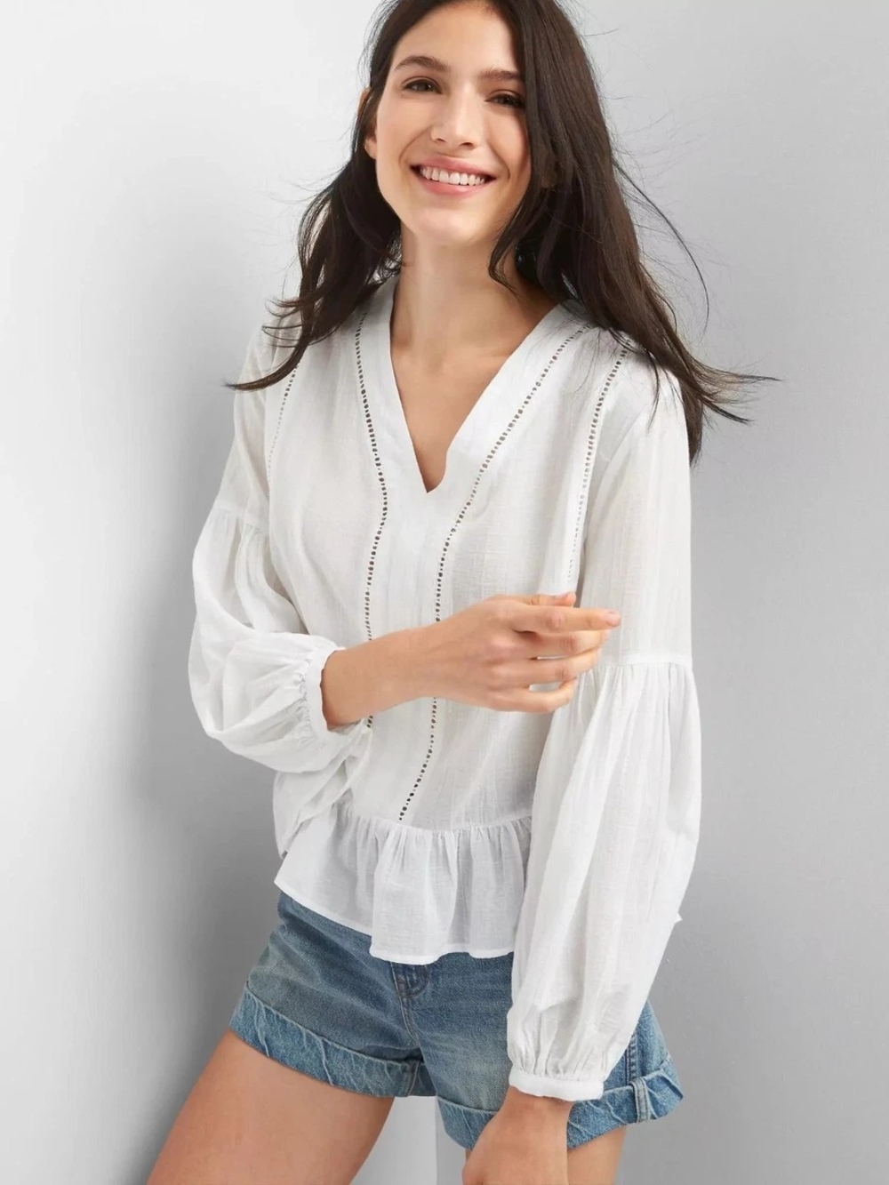 GAP White V-Neck Peasant Blouse with Eyelet Trim